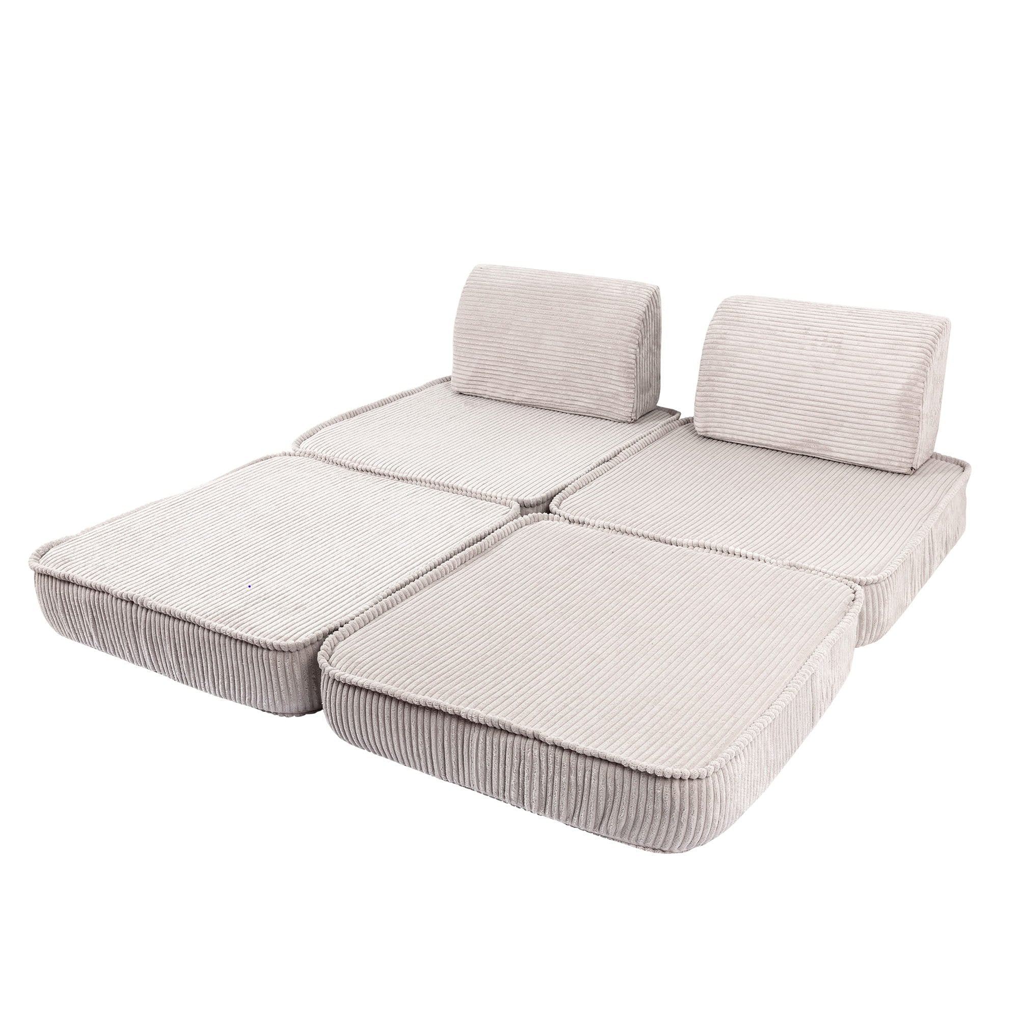 6. Ecru ribbed modular children's sofa laid flat in a bed-like configuration, on a white background