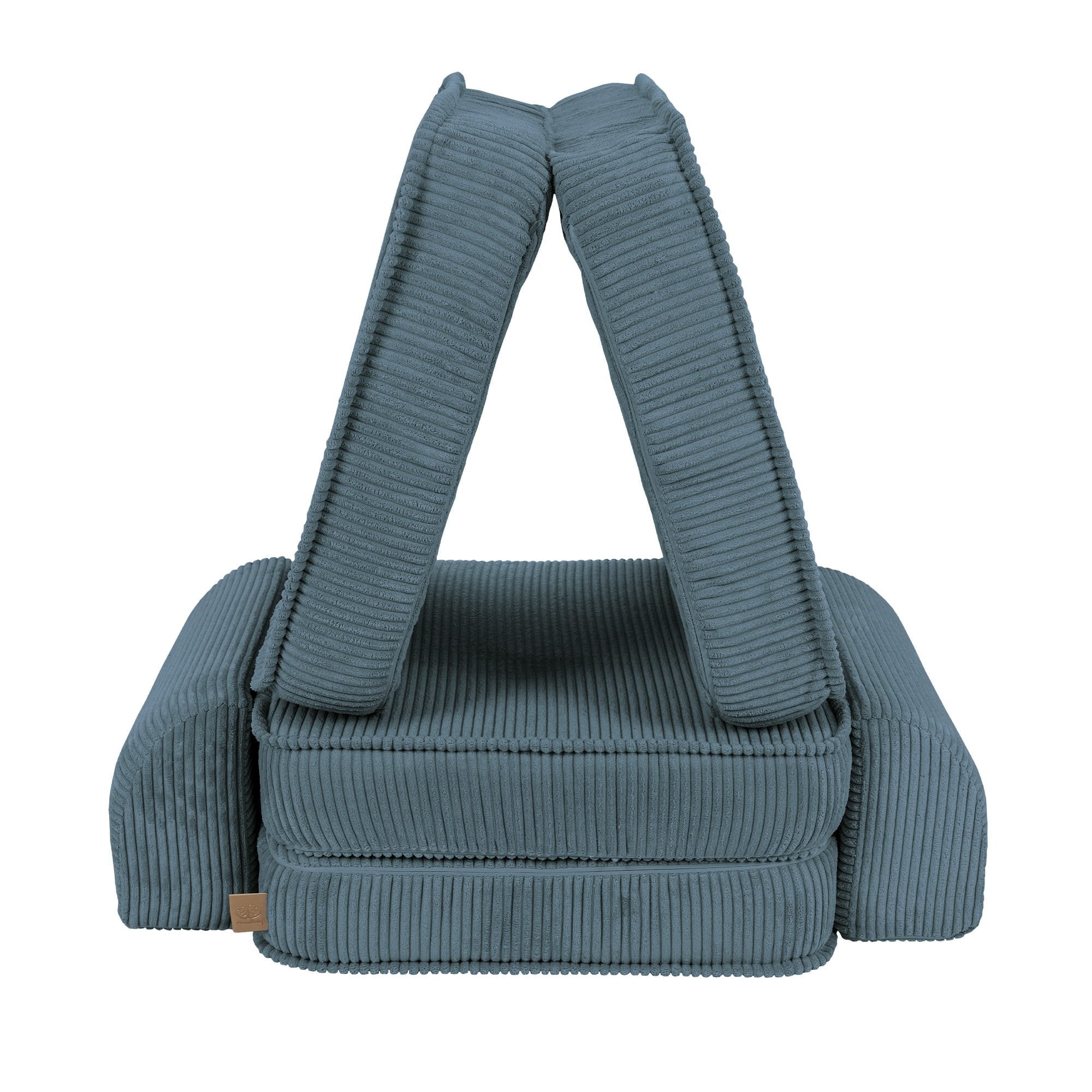 3. Children's modular sofa in aesthetic turquoise, arranged in a triangular formation, highlighting creative play possibilities in a studio setting.