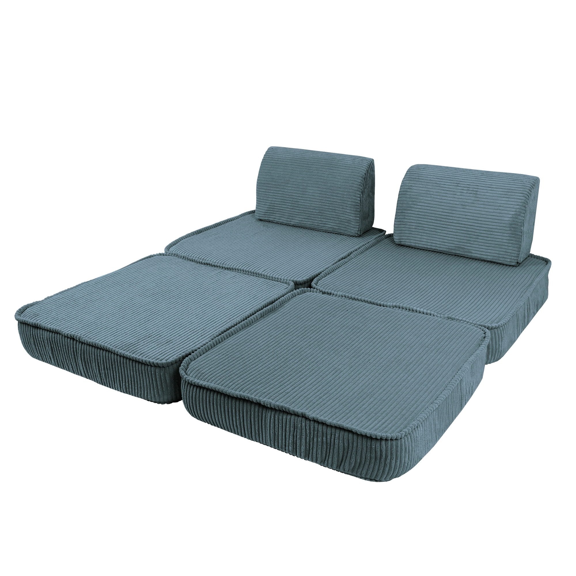 3. Children's modular sofa in aesthetic turquoise, fully extended with ribbed texture, highlighting its adaptability in a studio setting.