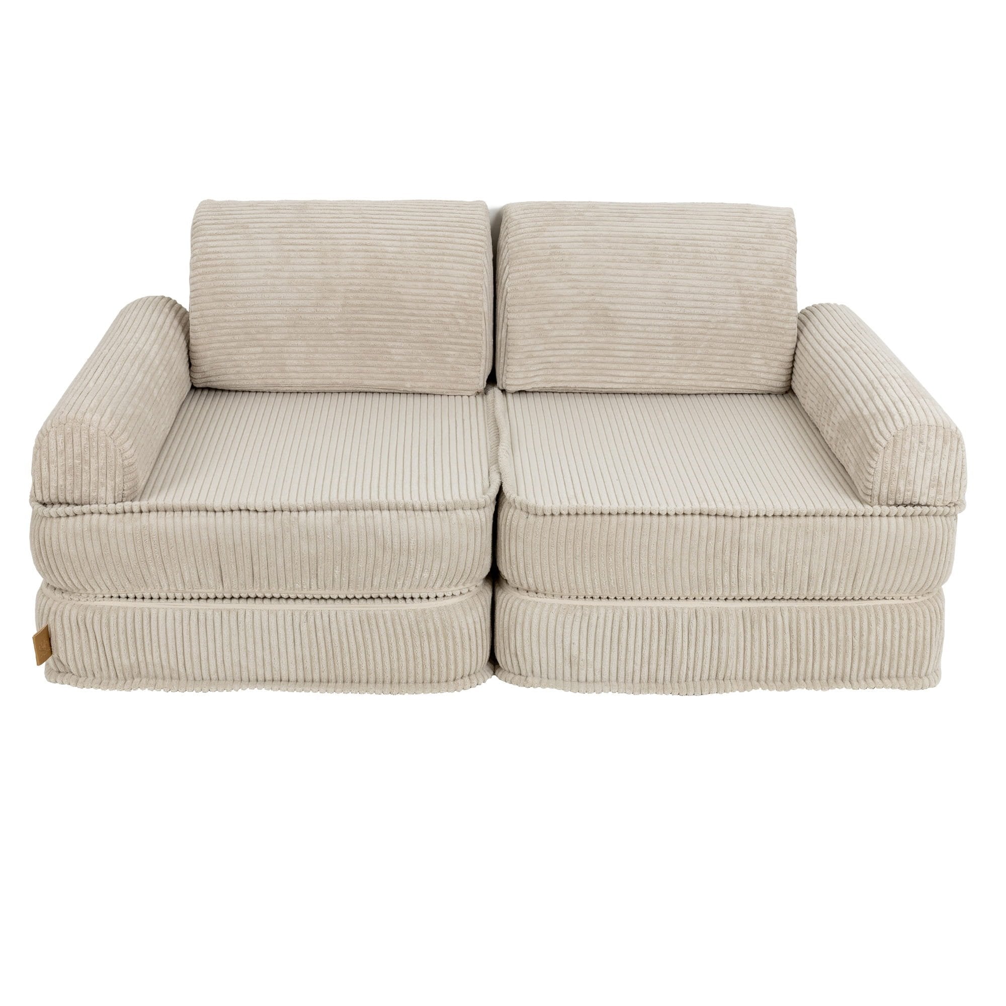 2. Children's modular sofa in aesthetic ecru with ribbed texture, featuring two back cushions, in a studio setting