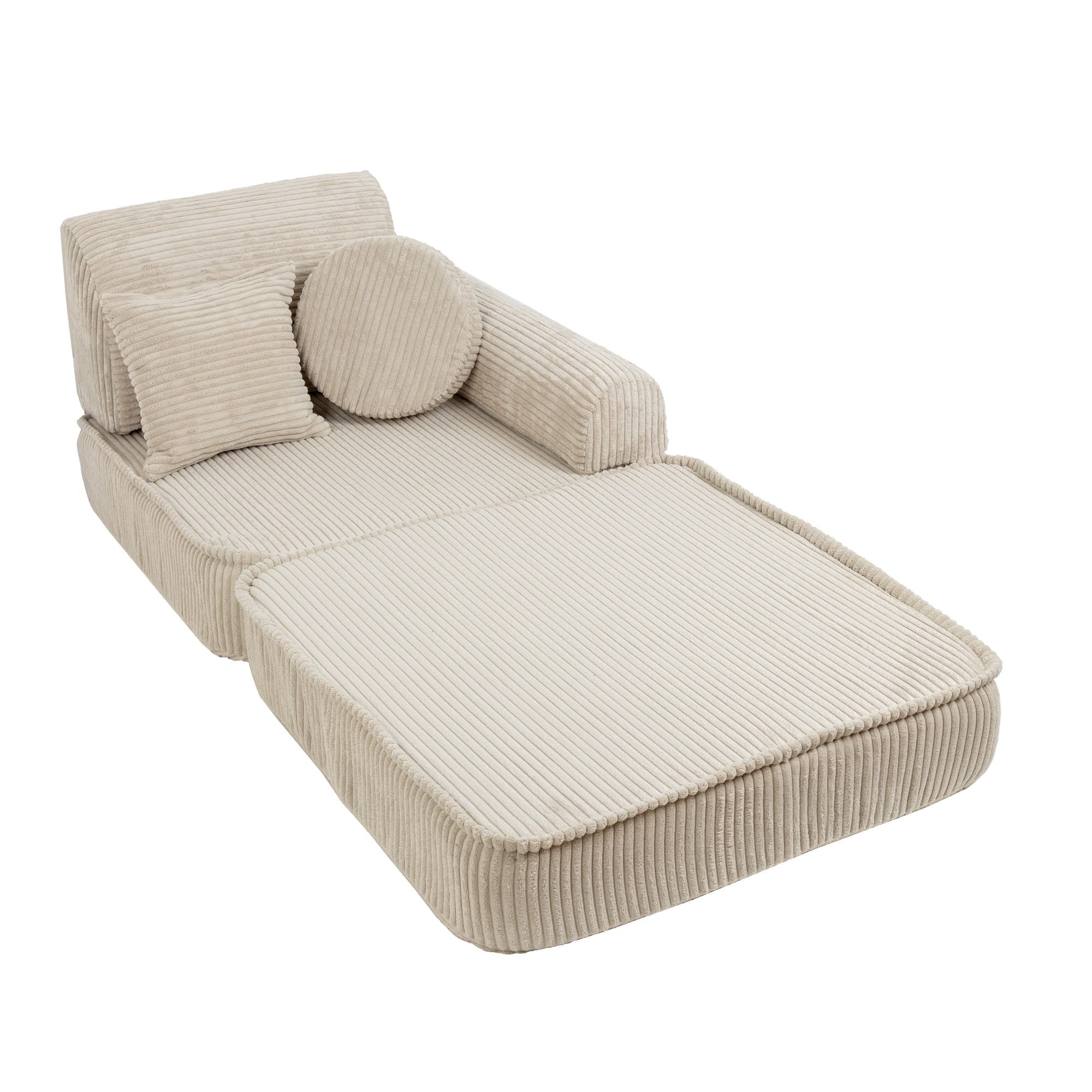 4. Single seat configuration of children's modular sofa in aesthetic ecru with ribbed texture, featuring one back cushion and one round pillow, in a studio setting