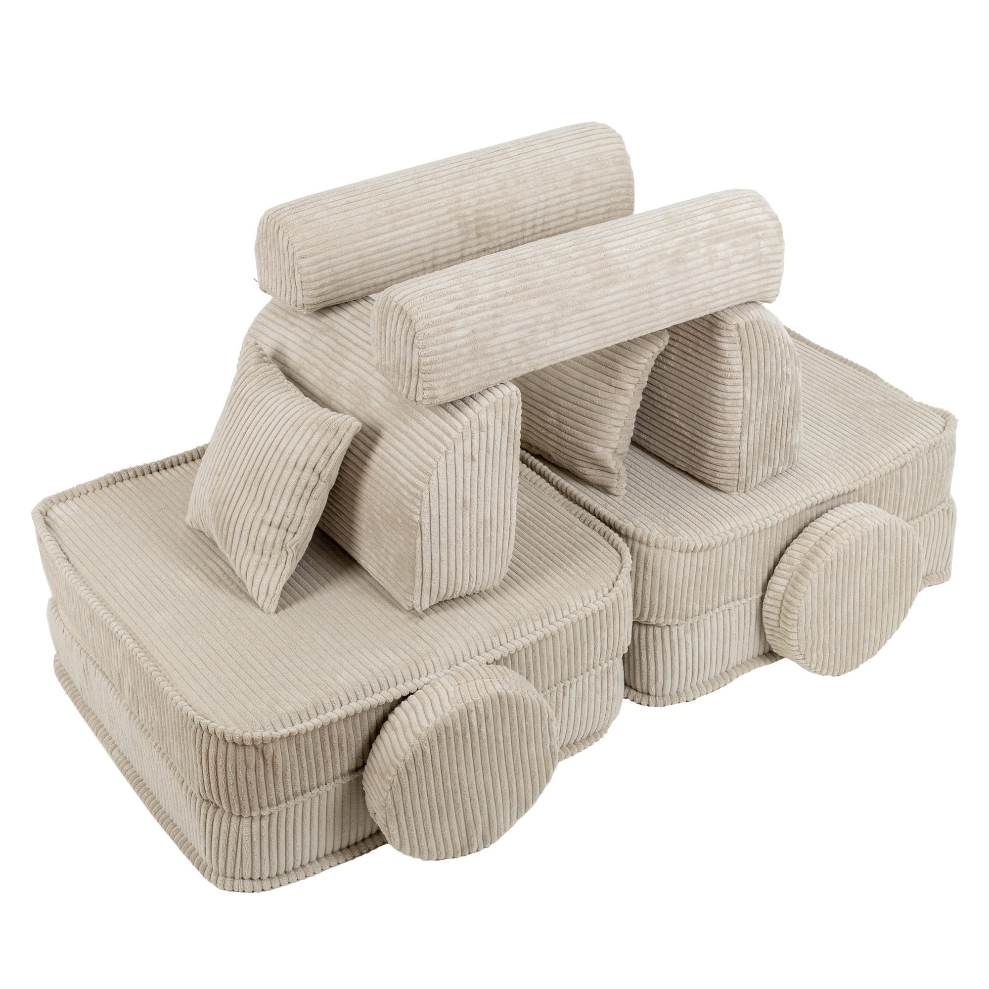 3. Creative arrangement of children's modular sofa in aesthetic ecru, forming a playful structure with ribbed texture, in a studio setting