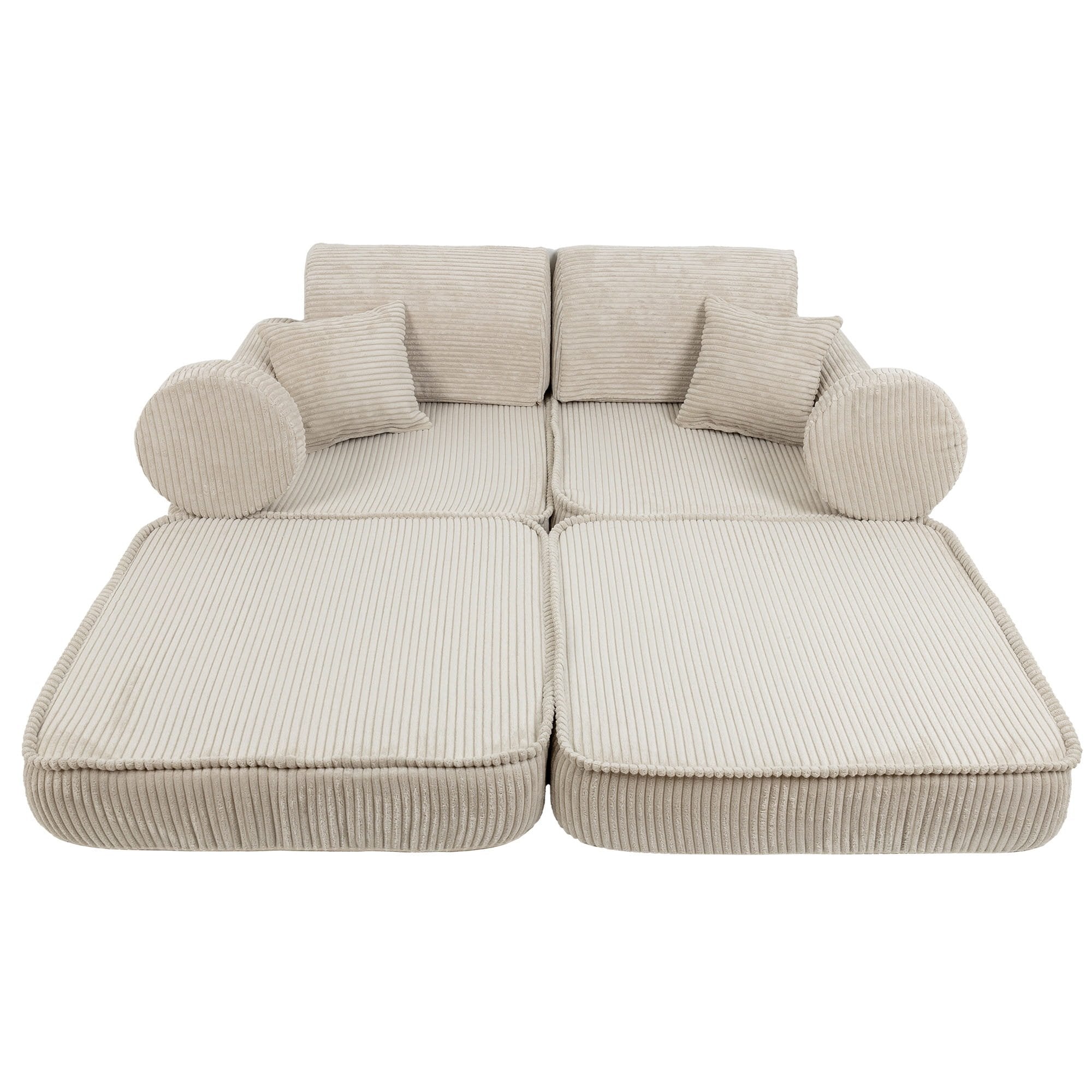 2. Children's modular sofa in aesthetic ecru with ribbed texture, fully extended to show flat lounging position, in a studio setting