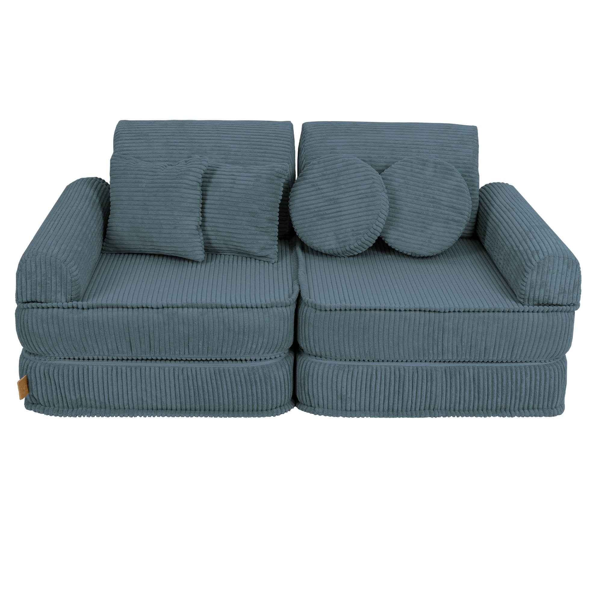 1. Medium modular children's sofa in aesthetic turquoise with ribbed texture, featuring two back cushions and two round pillows, shown in a studio setting