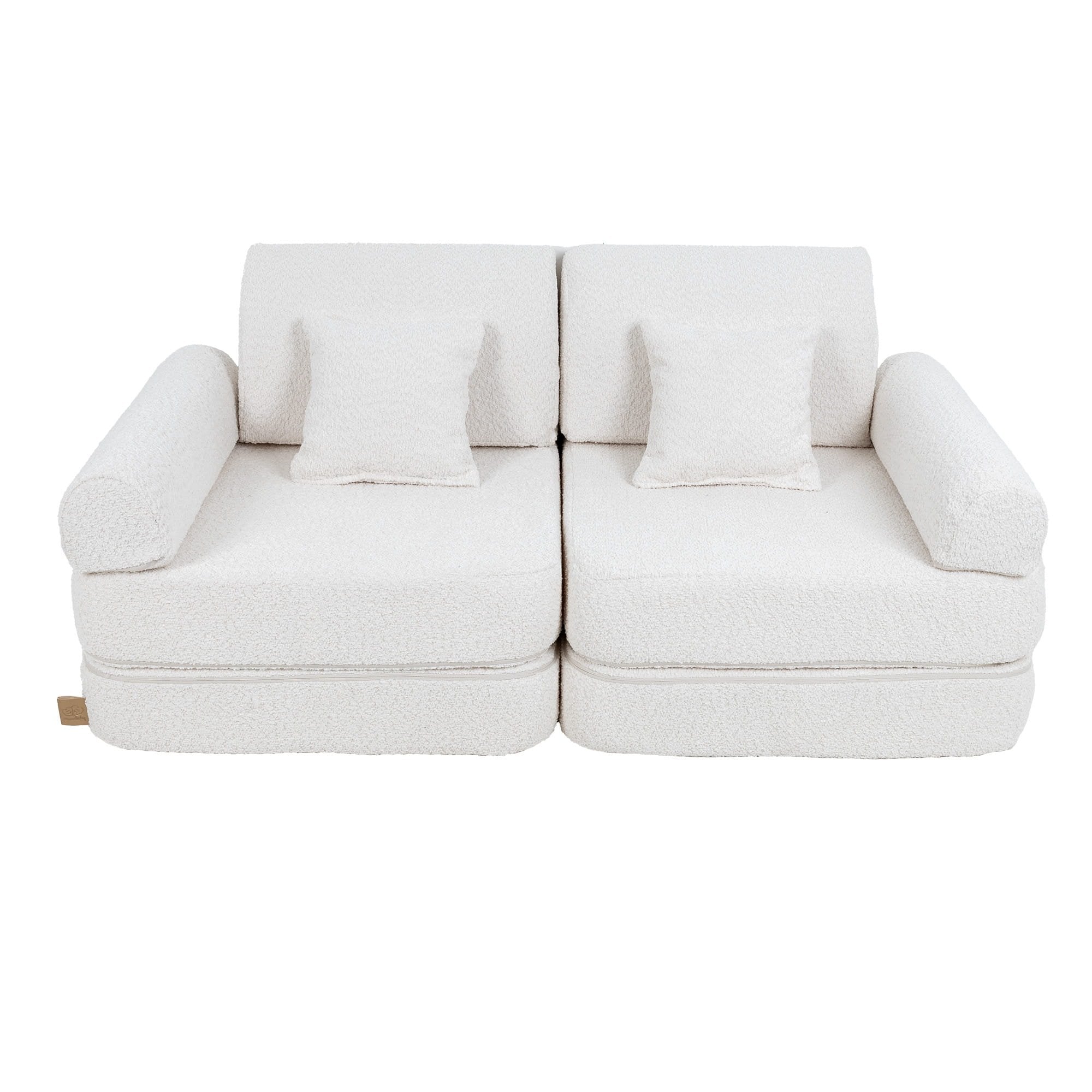 2. Medium modular children's sofa in white boucle fabric with two square cushions, shown in a studio setting