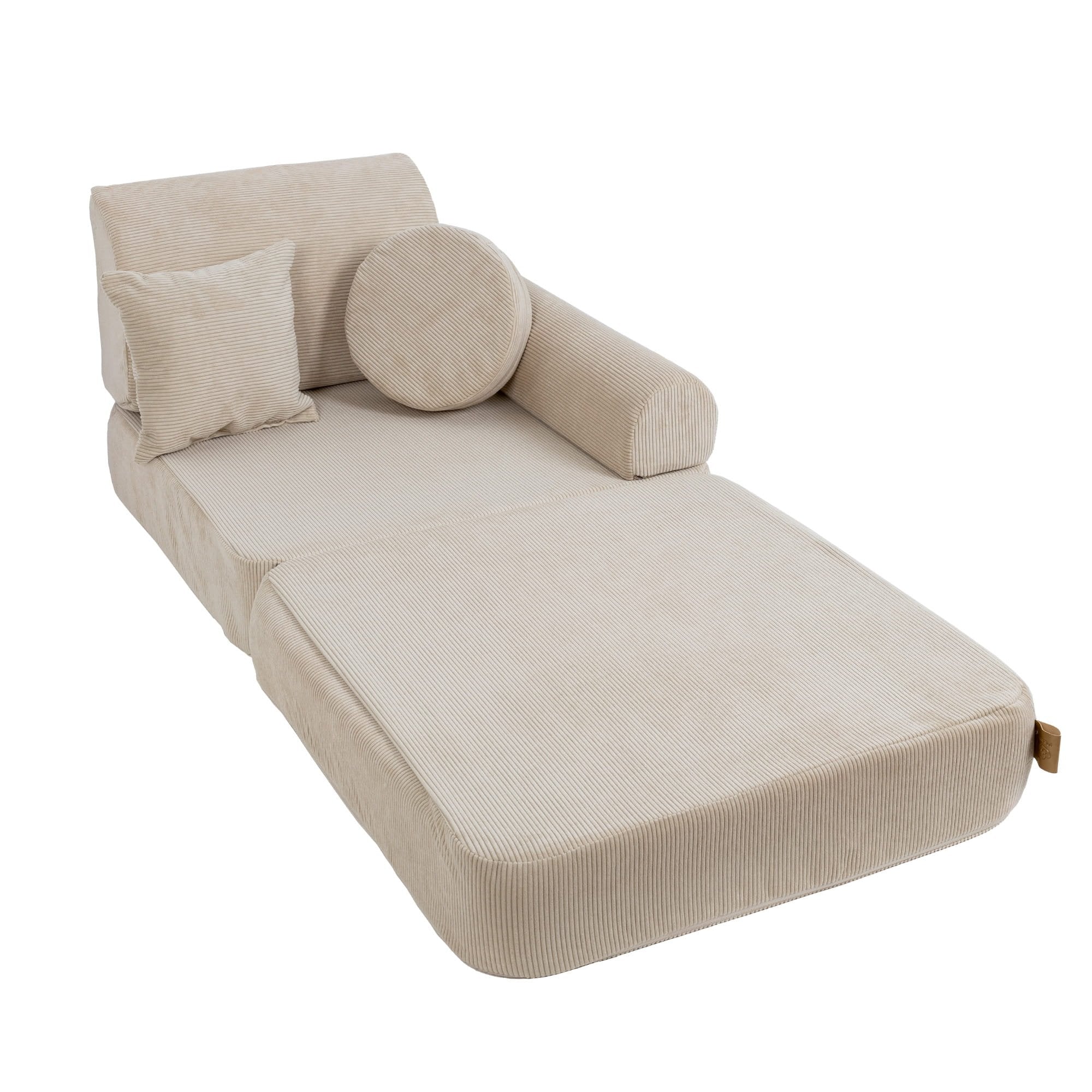 4. Medium modular children's sofa in ecru slimcord fabric configured as a chaise lounge with cushions