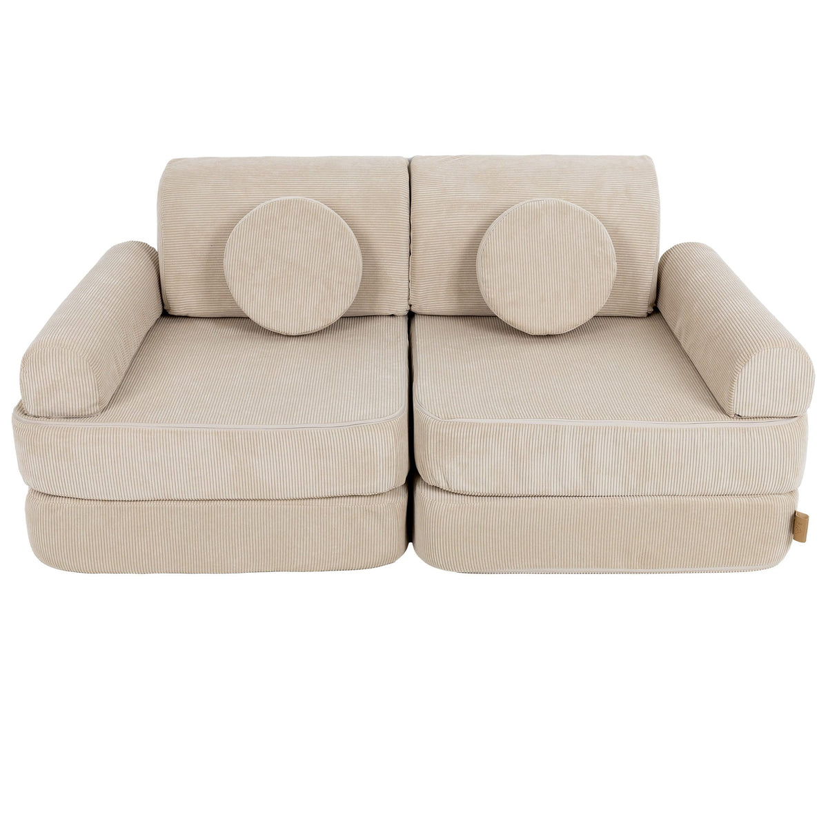 2. Medium modular children's sofa in ecru slimcord fabric with two round cushions, shown in a compact configuration