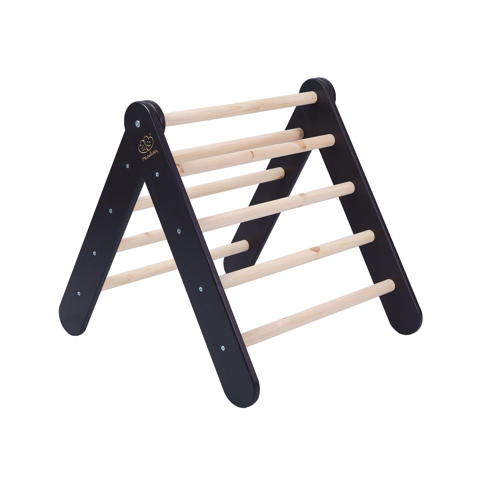 12. Black and natural wood ladder structure for children's playhouse shown from front