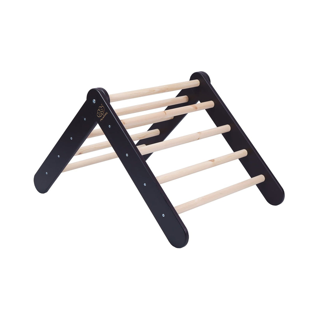 11. Black and natural wood ladder structure for children's playhouse shown from angle