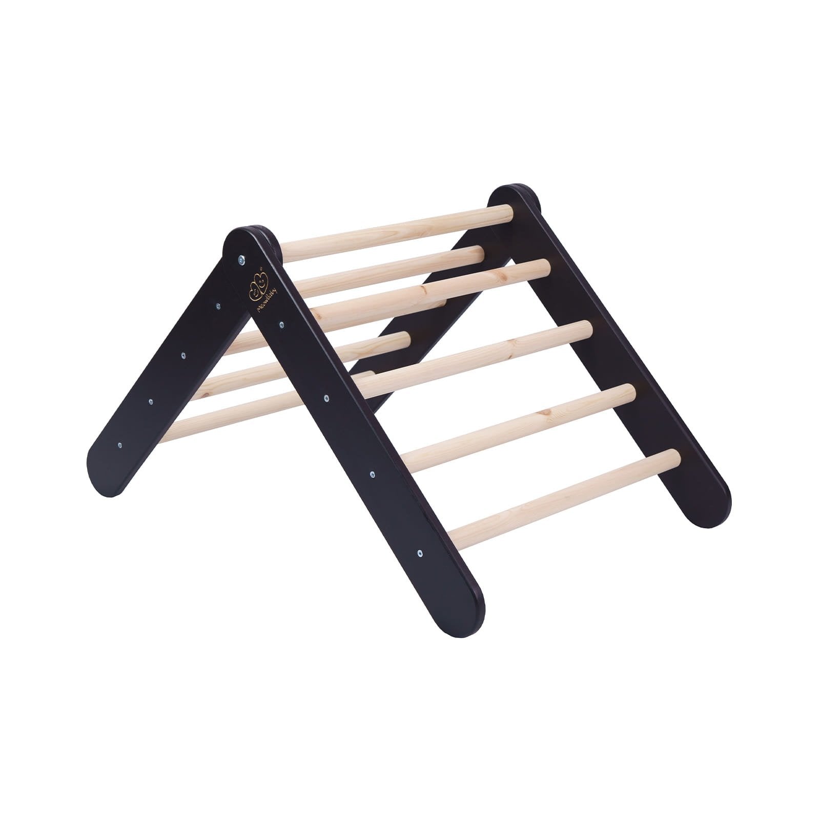 11. Black and natural wood ladder structure for children's playhouse shown from angle