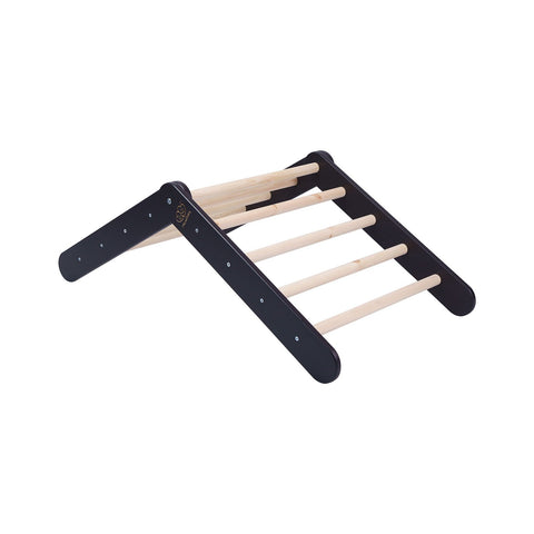 2. Black wooden ladder structure for children's playhouse, shown from side