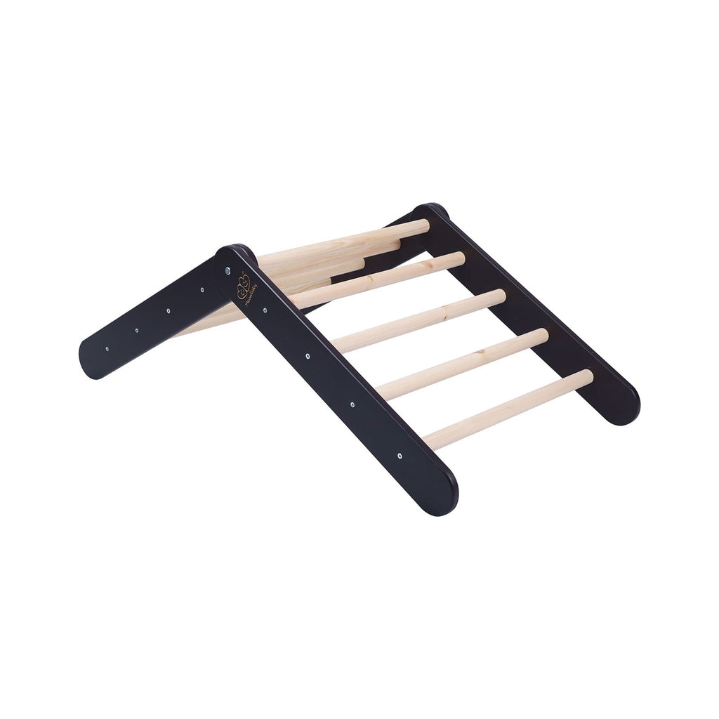 10. Black and natural wood ladder structure for children's playhouse shown from side