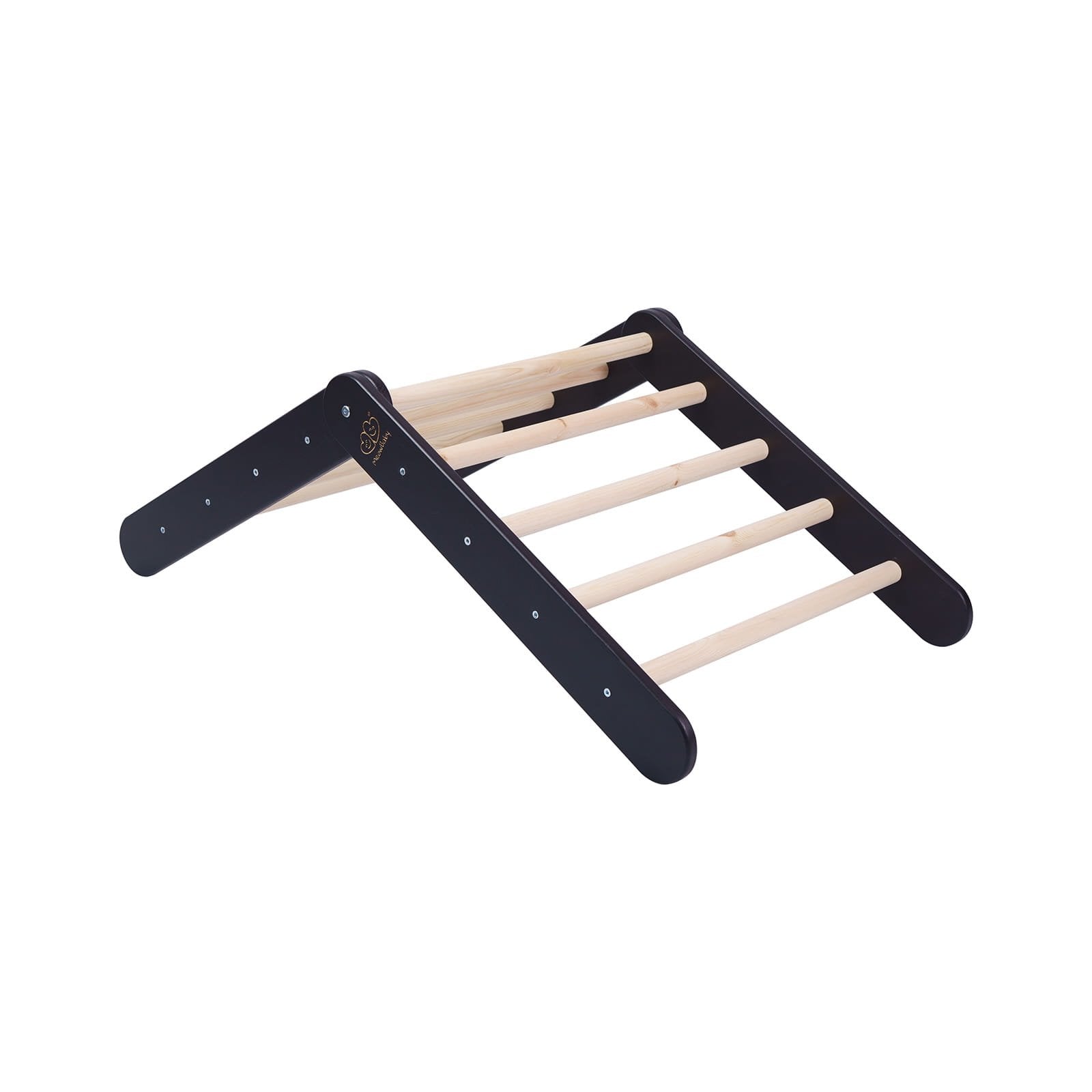 10. Black and natural wood ladder structure for children's playhouse shown from side