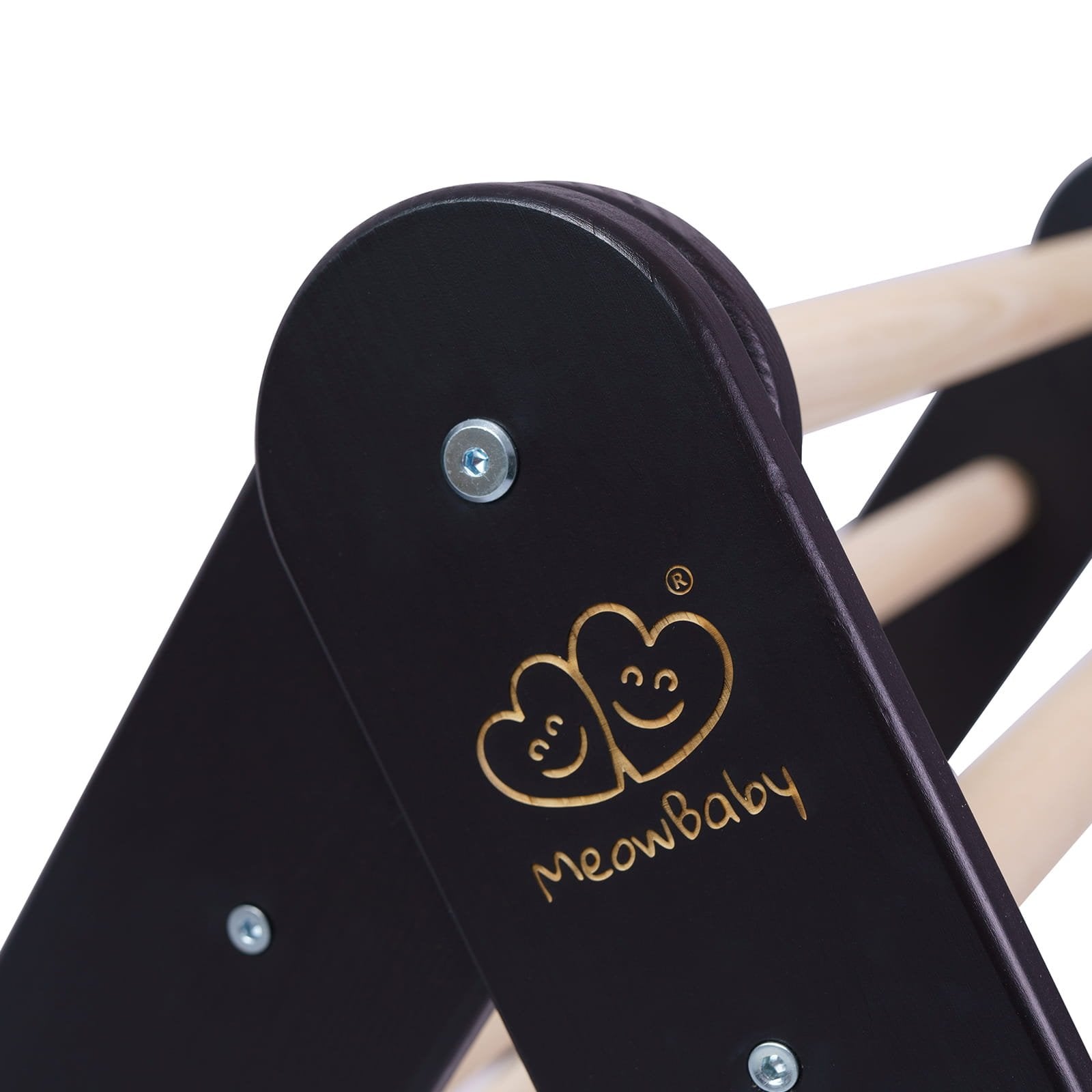 9. Close-up of MeowBaby logo on black wooden frame of children's ladder house
