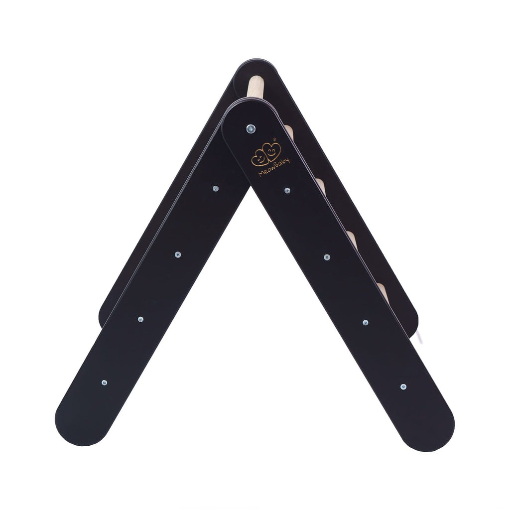 13. Black wooden ladder structure for children's playhouse shown from side