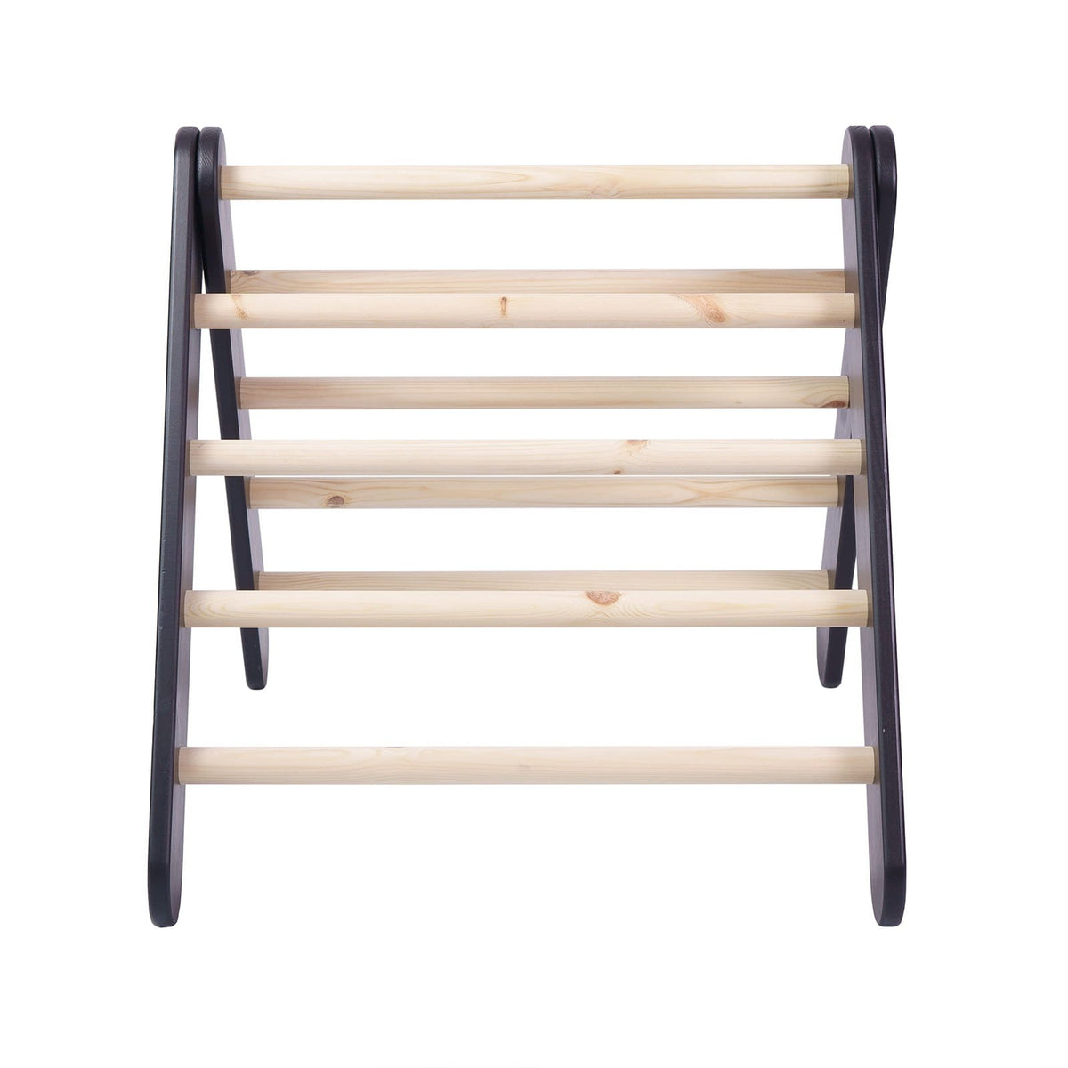 2. Studio shot of wooden ladder structure for children's playhouse, black frame with natural wood rungs