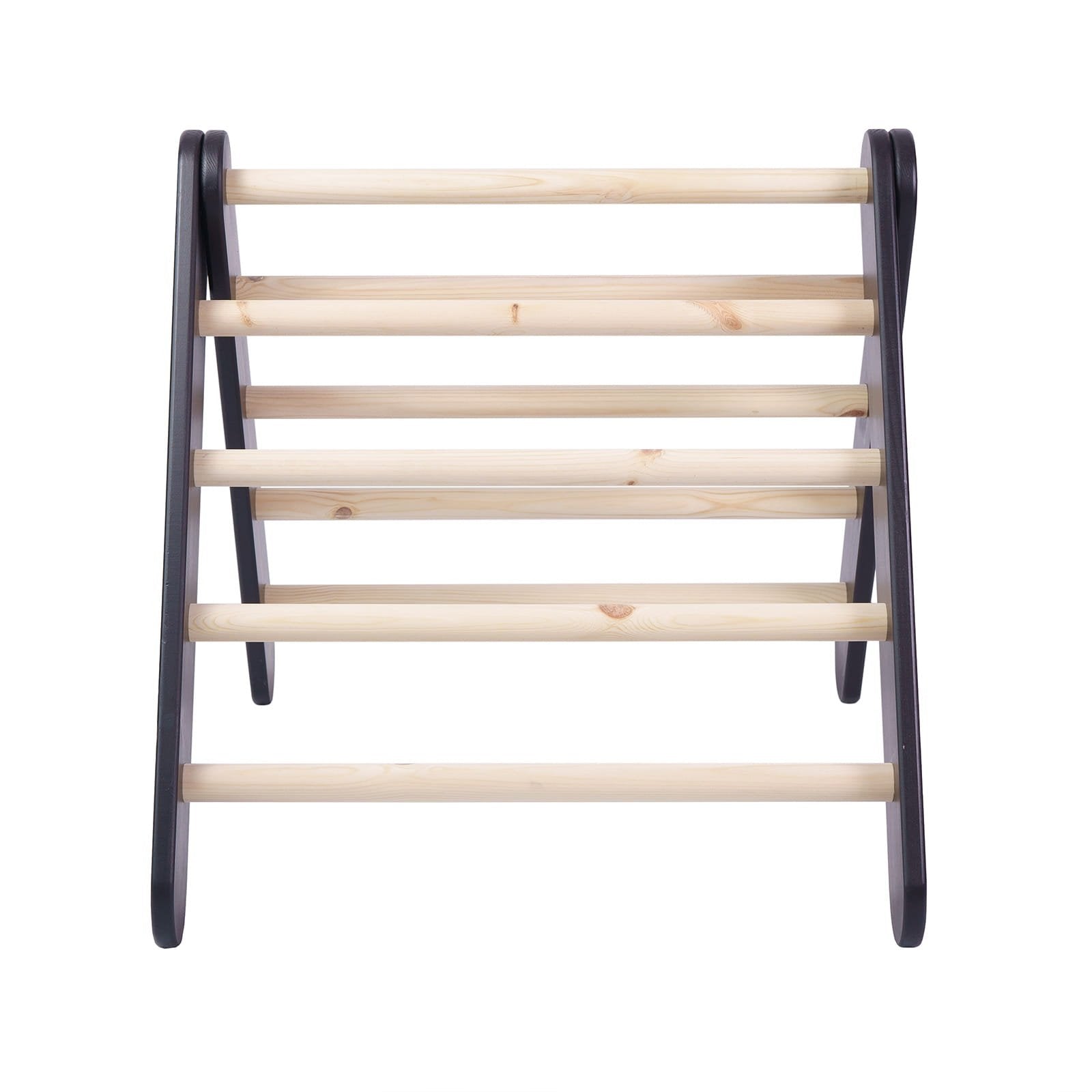 2. Studio shot of wooden ladder structure for children's playhouse, black frame with natural wood rungs