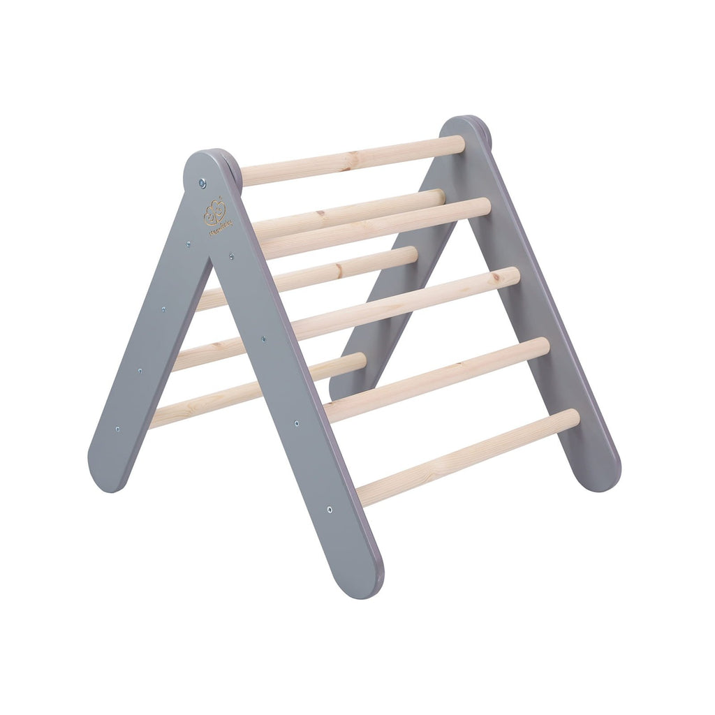 10. Grey ladder house with natural wood rungs shown in an open position on white background