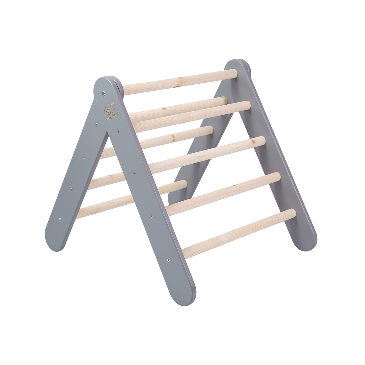 10. Grey ladder house with natural wood rungs shown in an open position on white background