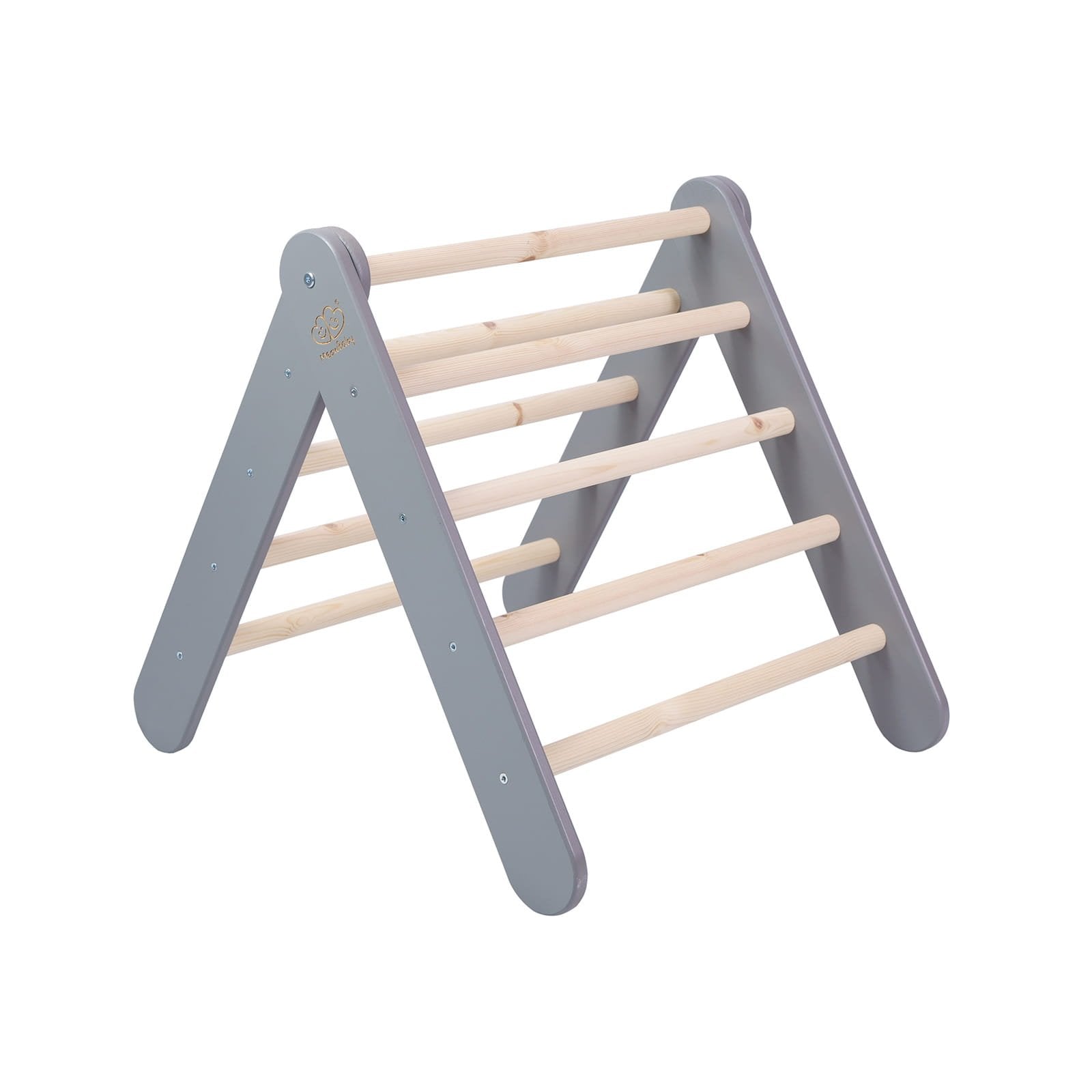 10. Grey ladder house with natural wood rungs shown in an open position on white background