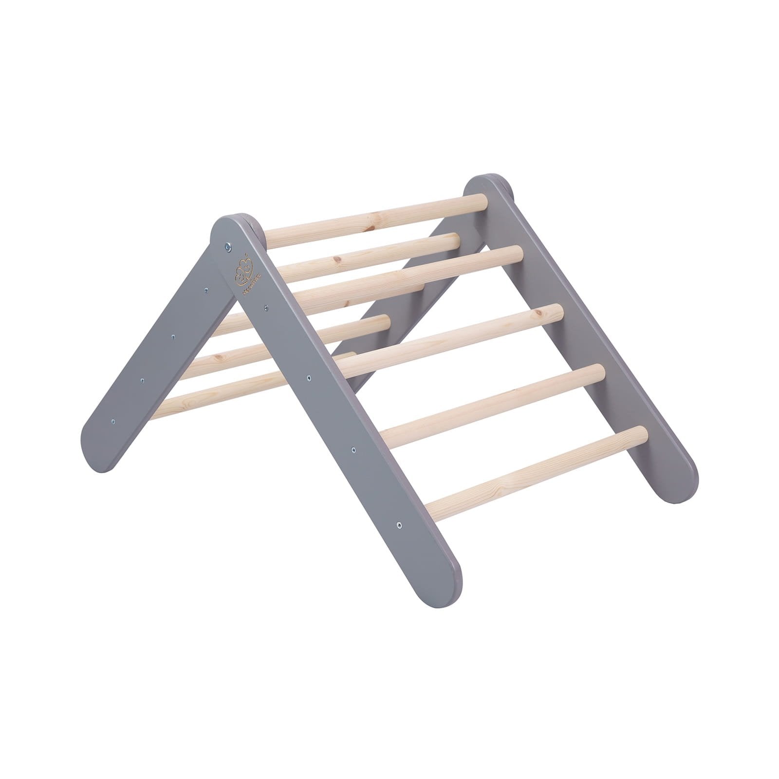 8. Grey ladder house with natural wood rungs shown in an open position on white background
