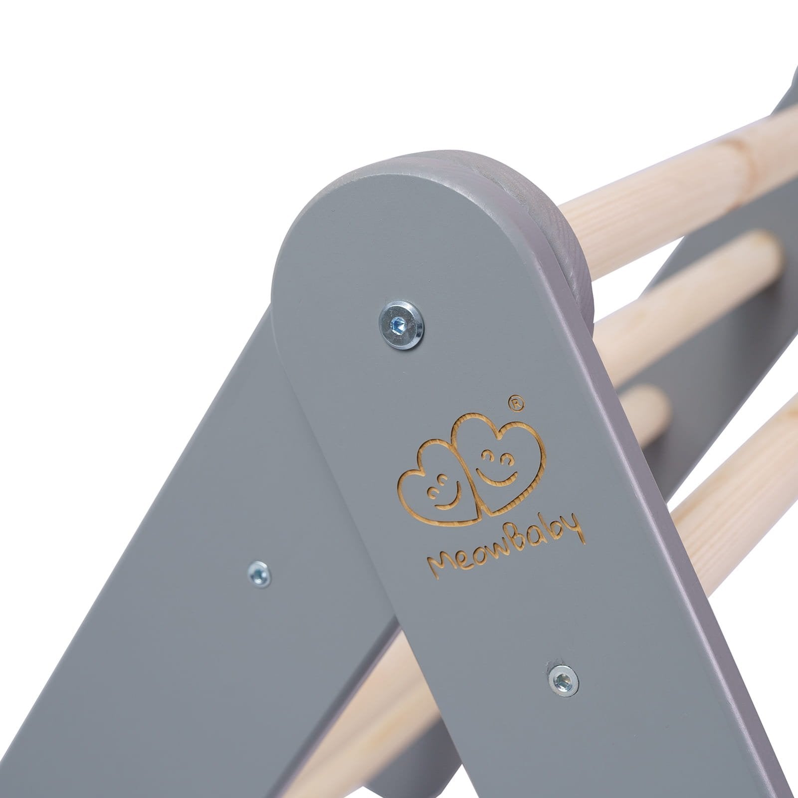 6. Close-up of MeowBaby logo on grey ladder house with natural wood rungs