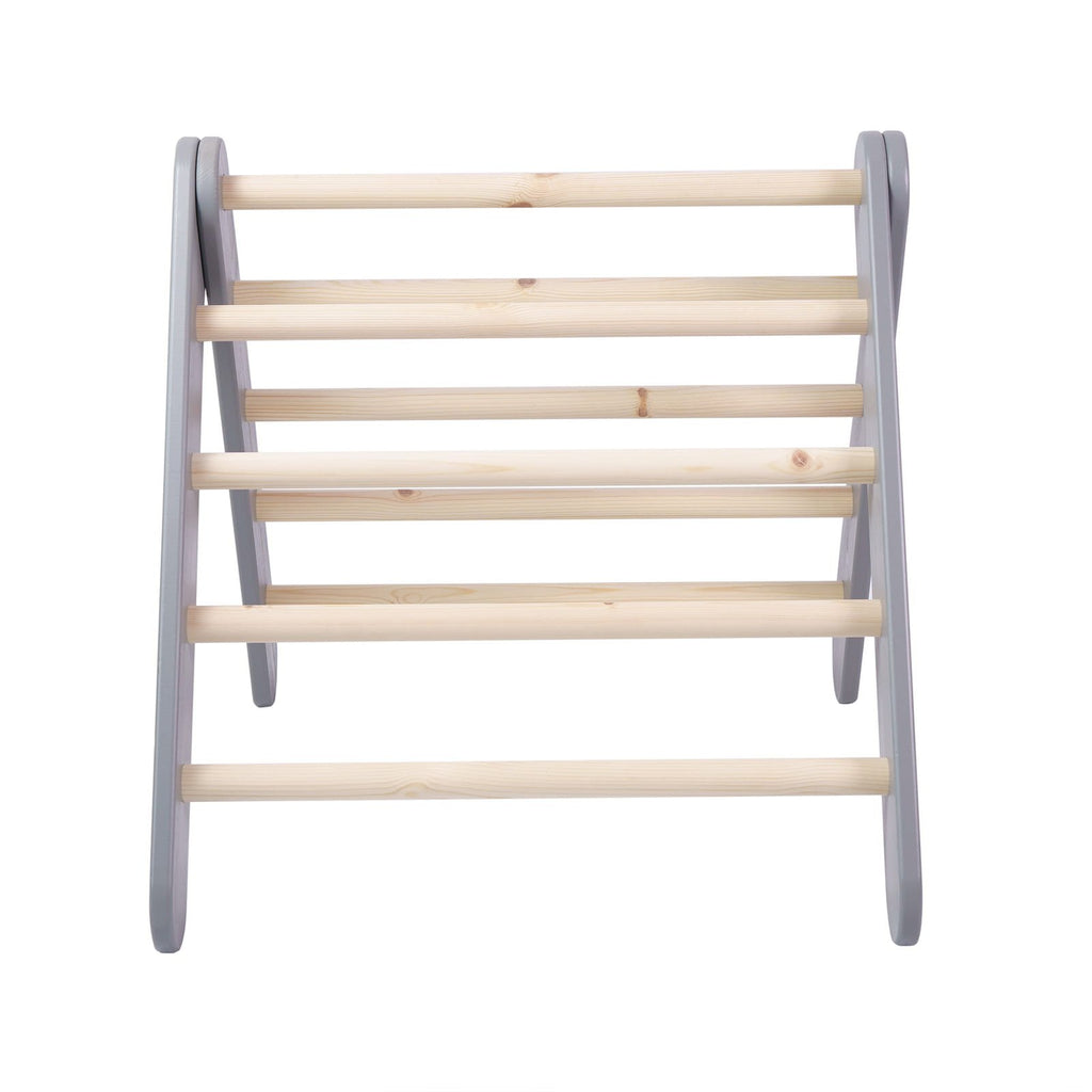 4. Front view of grey ladder house with natural wood rungs on white background