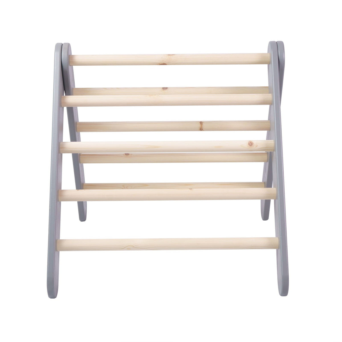 4. Front view of grey ladder house with natural wood rungs on white background