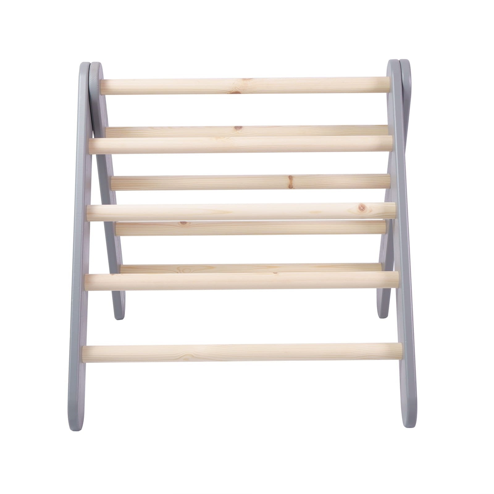4. Front view of grey ladder house with natural wood rungs on white background