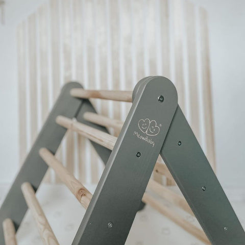 1. Grey wooden ladder structure in children's room, highlighting MeowBaby logo