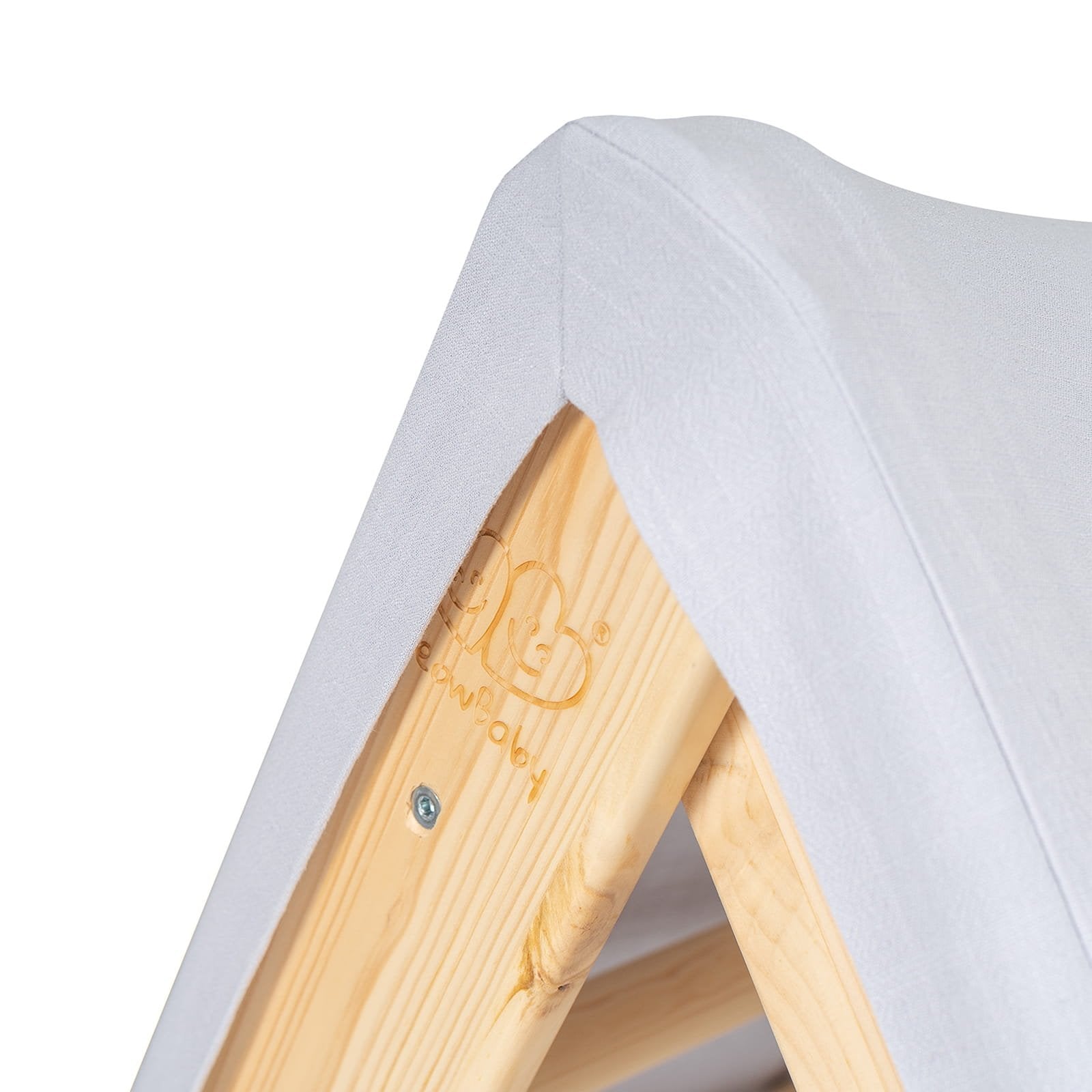 7. Close-up of corner detail on blue-grey cover of natural wood ladder house