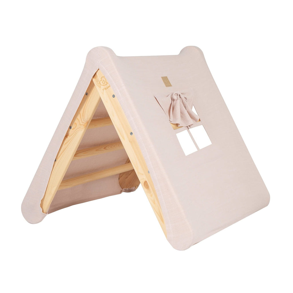 1. Natural wood ladder house with pink cover featuring window and ladder, ideal for children's playroom
