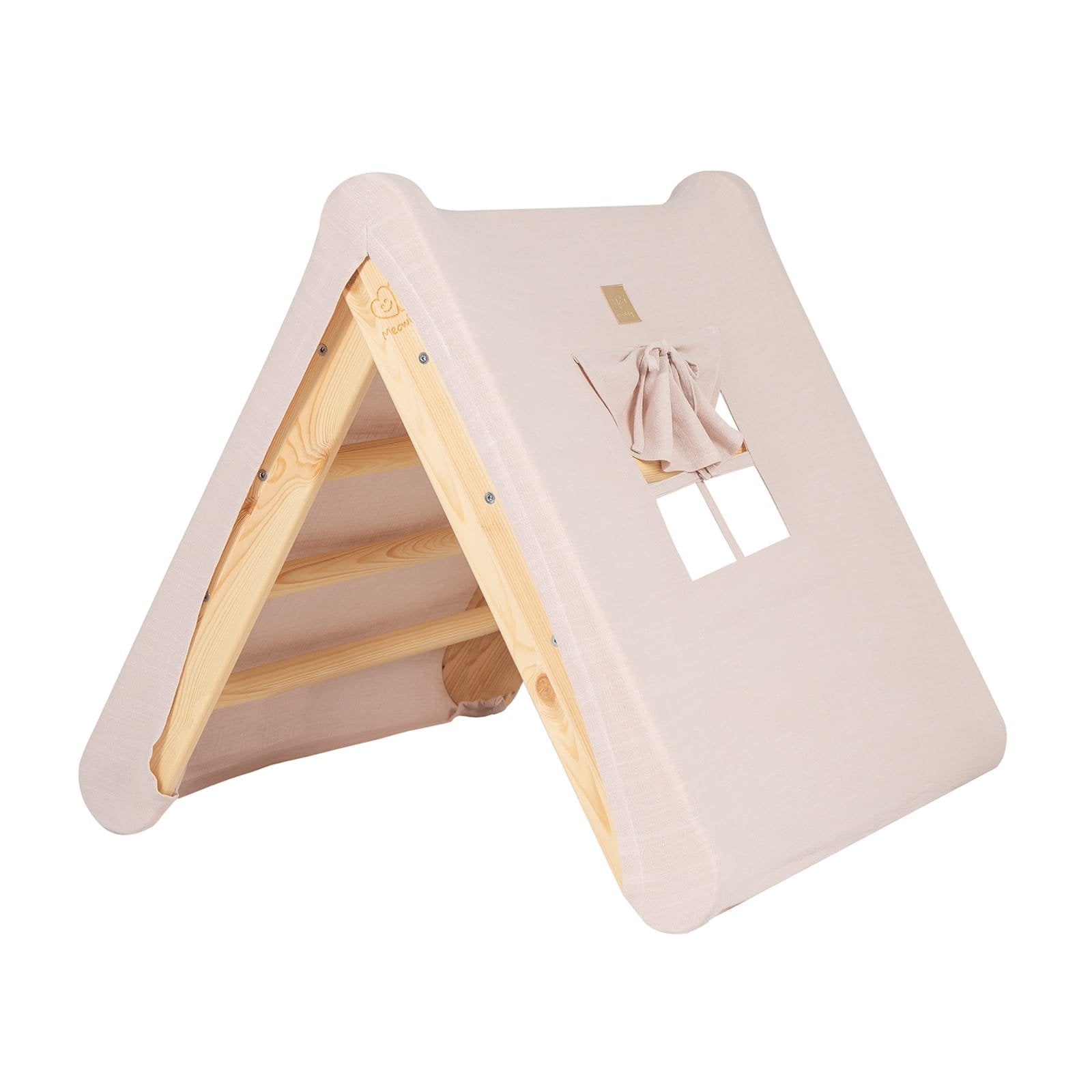 1. Natural wood ladder house with pink cover featuring window and ladder, ideal for children's playroom