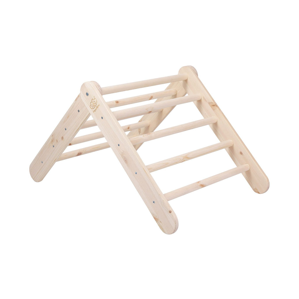 6. Natural wood ladder structure for children's playhouse shown from side