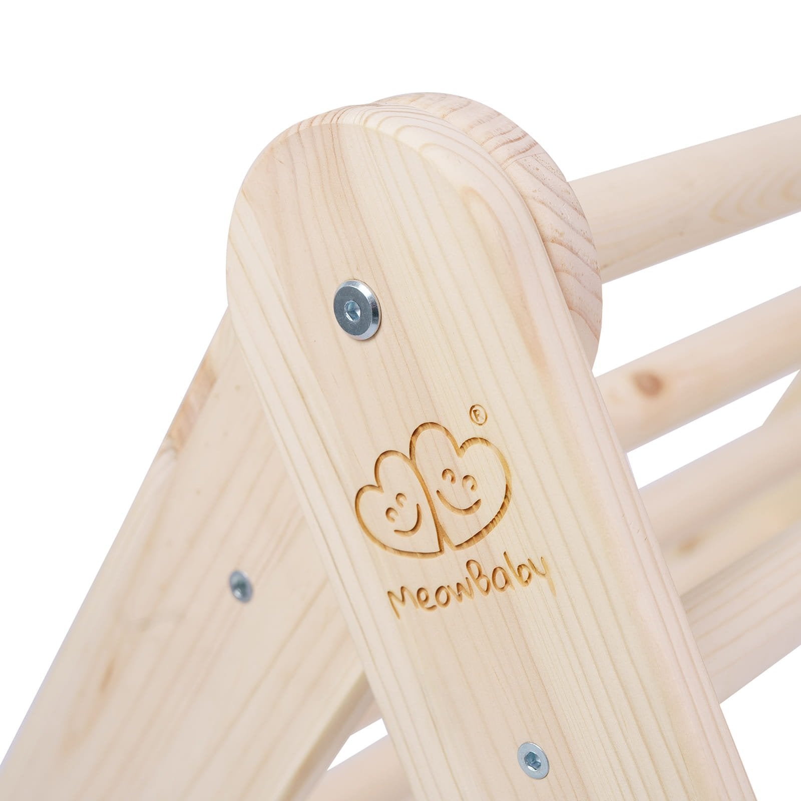 3. Close-up of MeowBaby logo engraved on natural wood ladder house frame