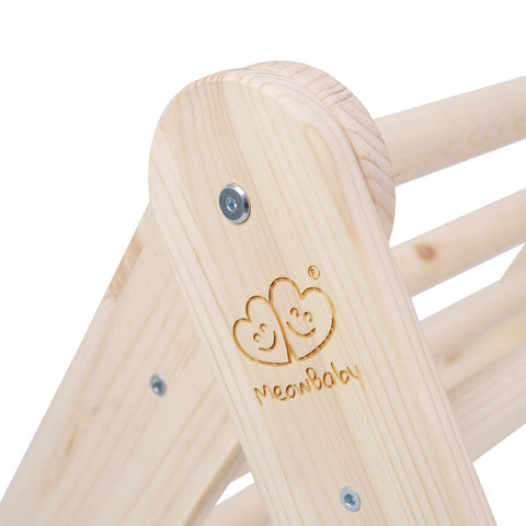 3. Close-up of MeowBaby logo engraved on natural wood ladder house frame