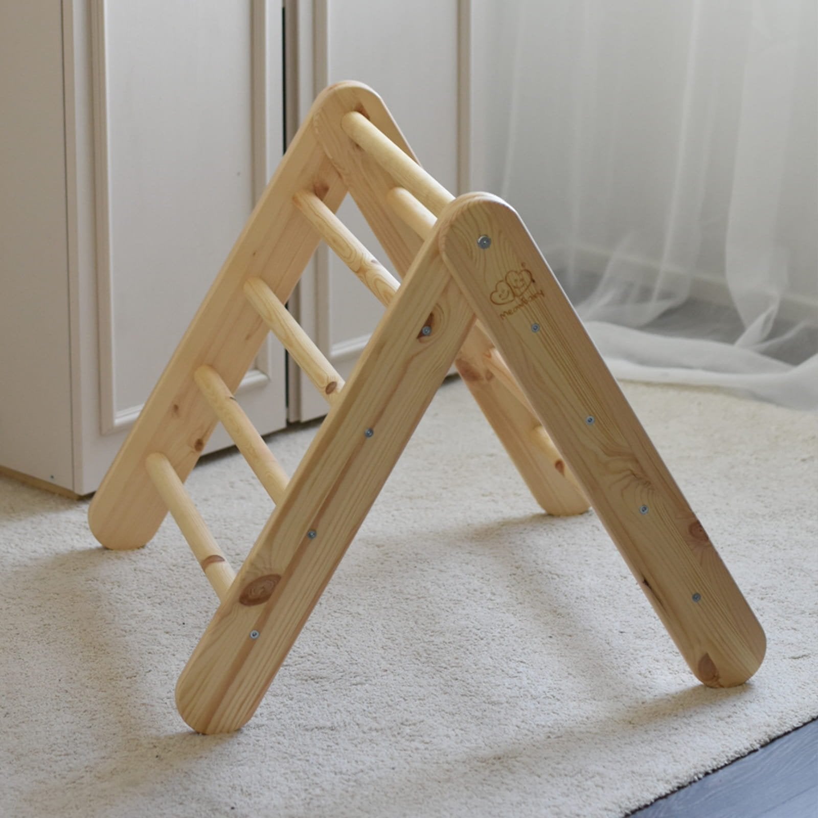 11. Natural wood ladder house in children's room setting on carpet