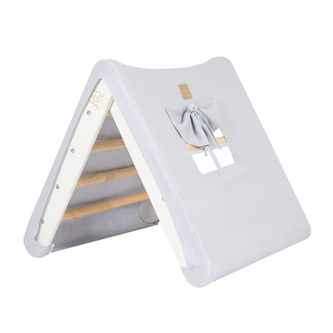 1. White ladder house with light grey cover featuring a window and bow detail, ideal for children's playroom