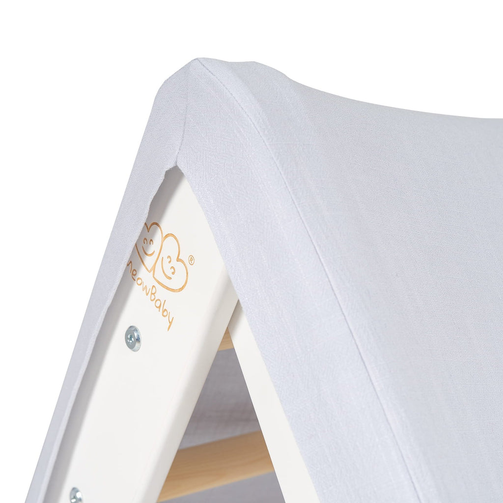 10. Close-up of MeowBaby logo on light grey cover of ladder house