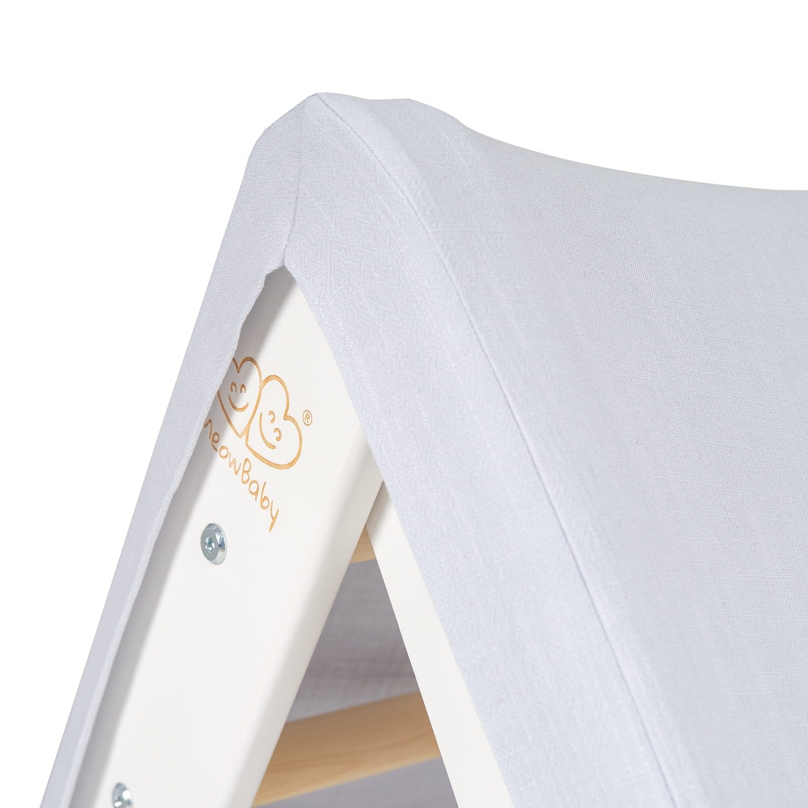 10. Close-up of MeowBaby logo on light grey cover of ladder house
