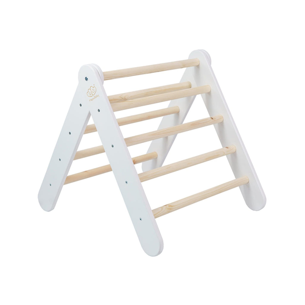 11. White ladder house with natural wood rungs shown from front angle