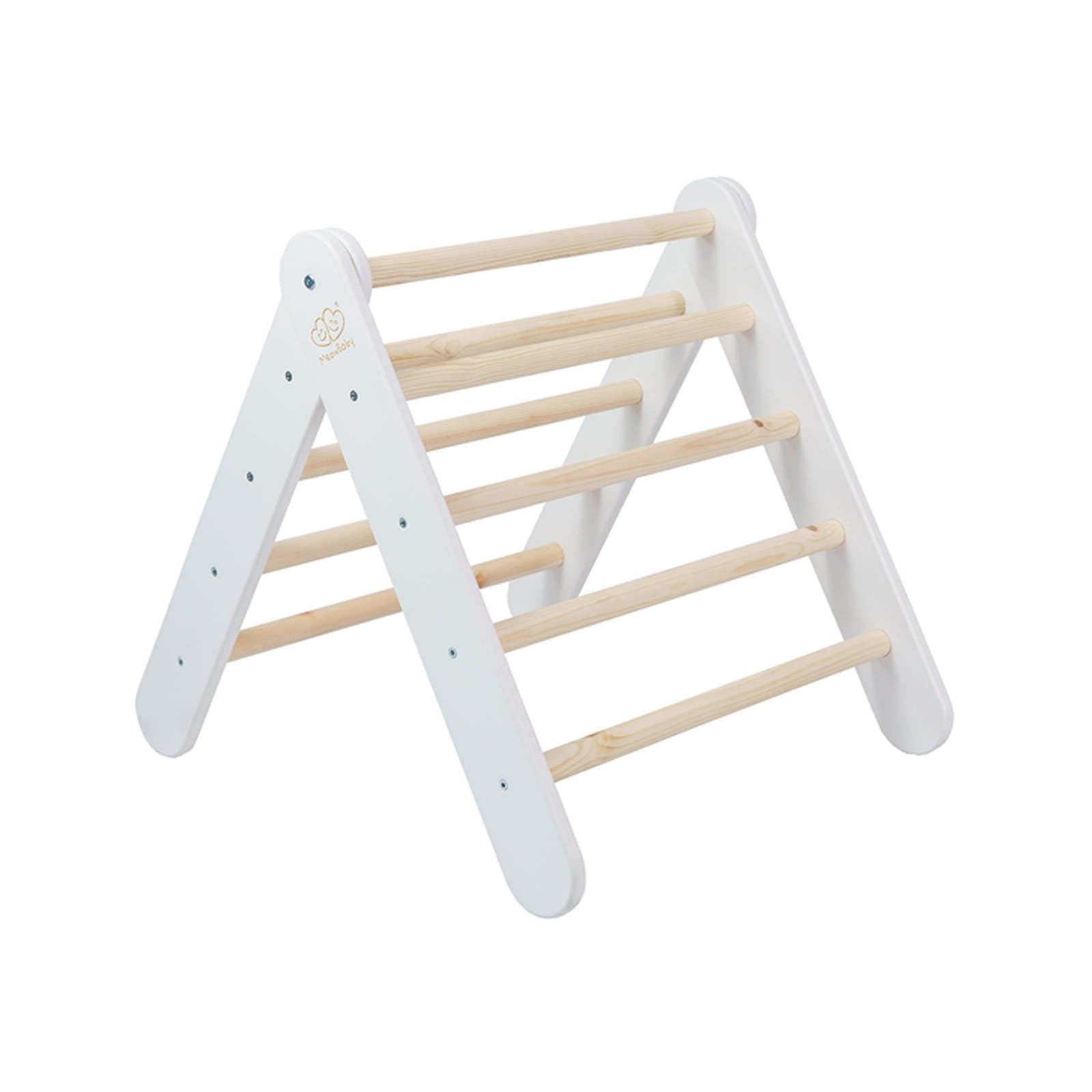15. White ladder house with natural wood rungs shown from side