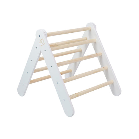 1. Wooden Pikler climbing ladder in white with natural wood rungs, shown in a studio setting