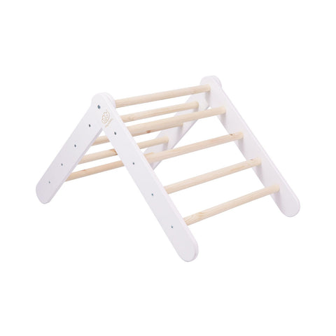2. Side view of white wooden Pikler climbing ladder with natural wood rungs in a studio