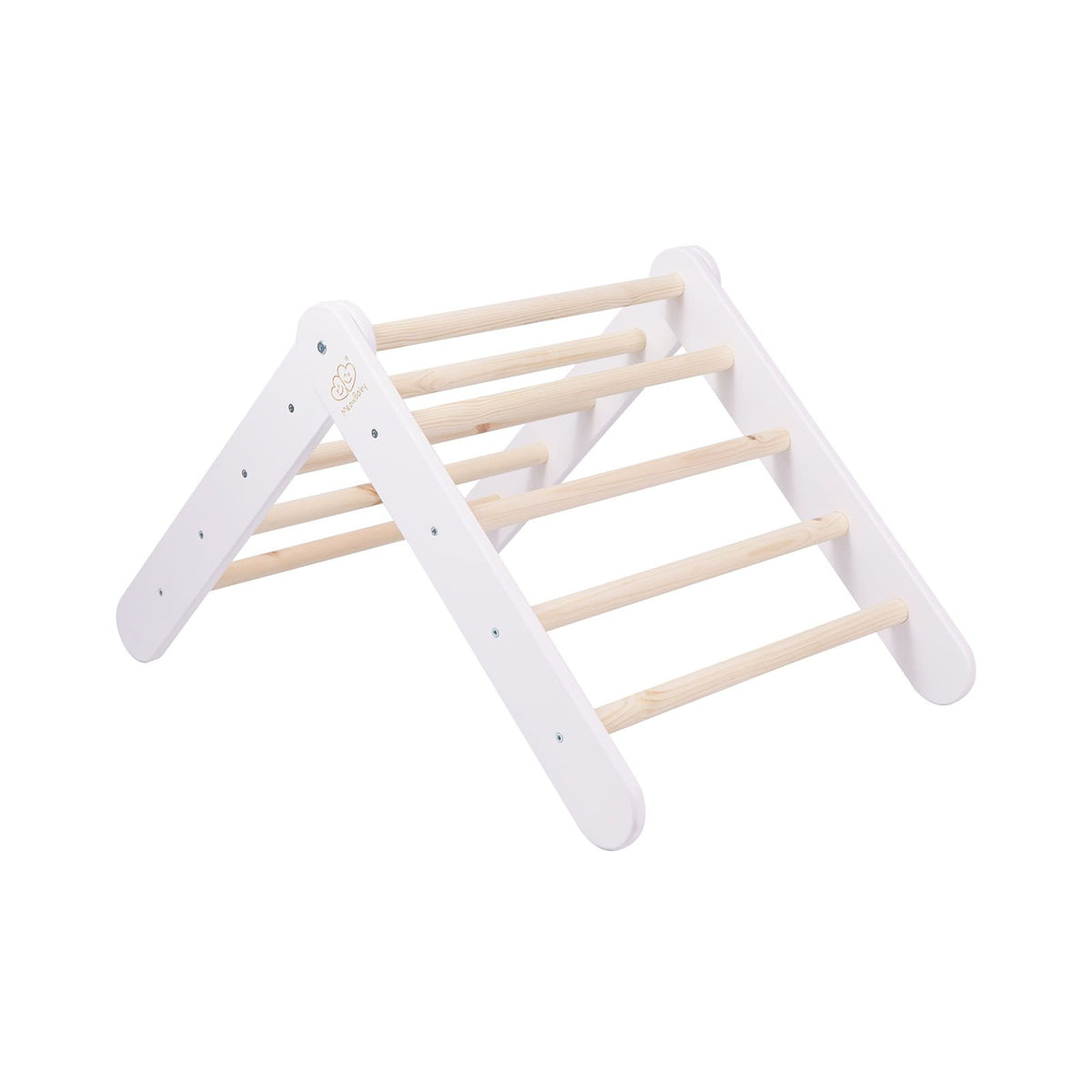 12. White ladder house with natural wood rungs shown from side