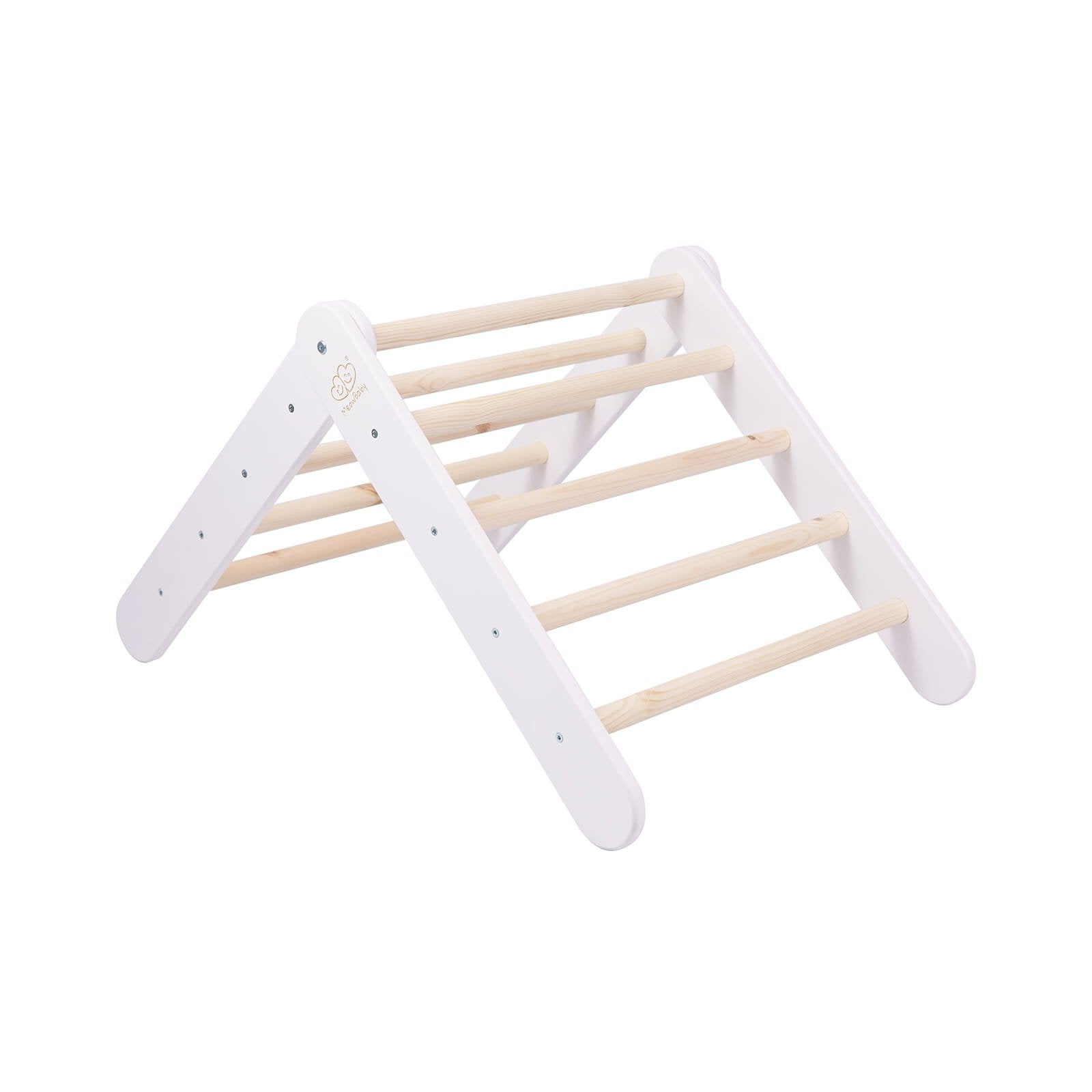12. White ladder house with natural wood rungs shown from side