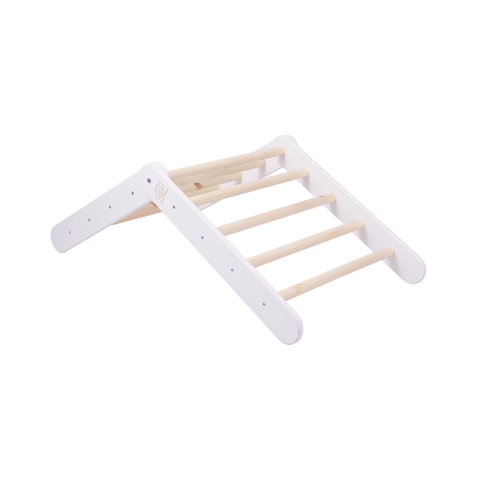 11. Side view of white ladder house with natural wood rungs