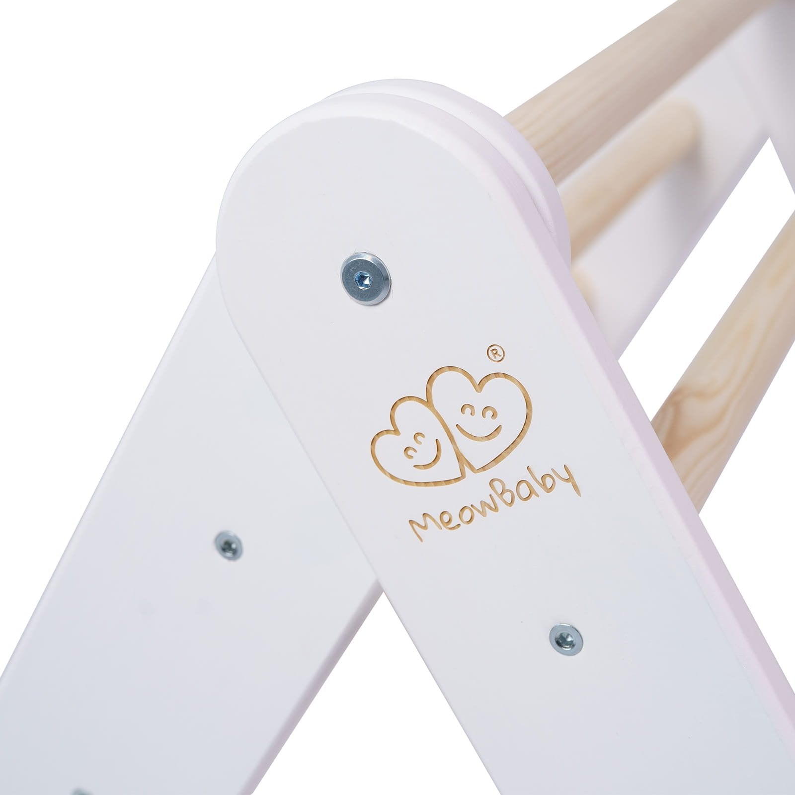10. Close-up of MeowBaby logo on white ladder house with natural wood rungs