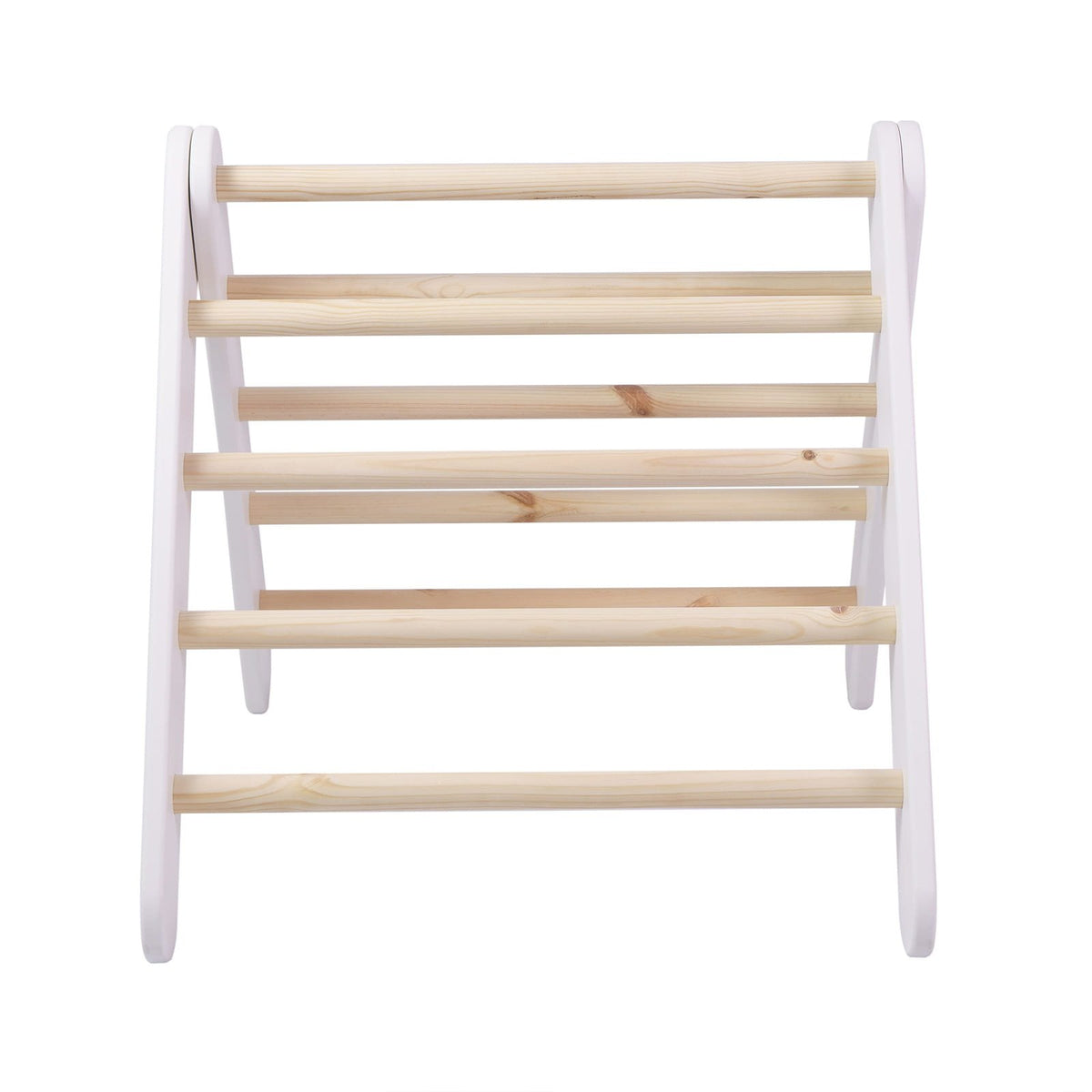 8. Front view of white ladder house with natural wood rungs