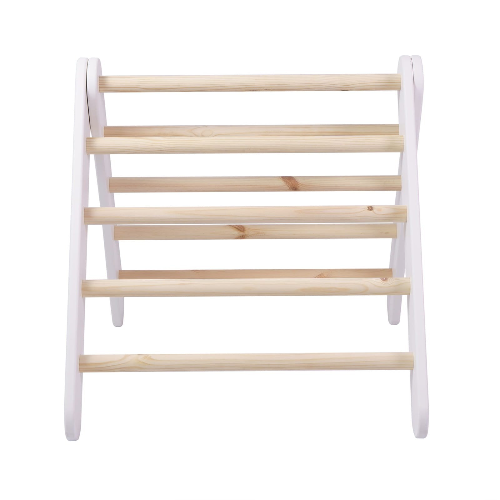 8. Front view of white ladder house with natural wood rungs